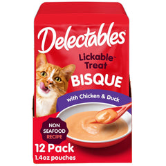 Delectables non-seafood bisque packaging shown for adult and senior cats.