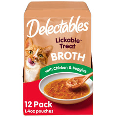 Delectables savory broth lickable treat bowl with chicken and veggies for hydration and taste.