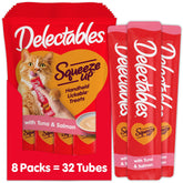 Delectables Squeeze Up tuna-salmon tubes for interactive bonding and hydration benefits.