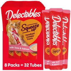Delectables Squeeze Up tuna-salmon tubes for interactive bonding and hydration benefits.