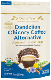 DelighTeas organic coffee alternative packaging highlights clean ingredients.