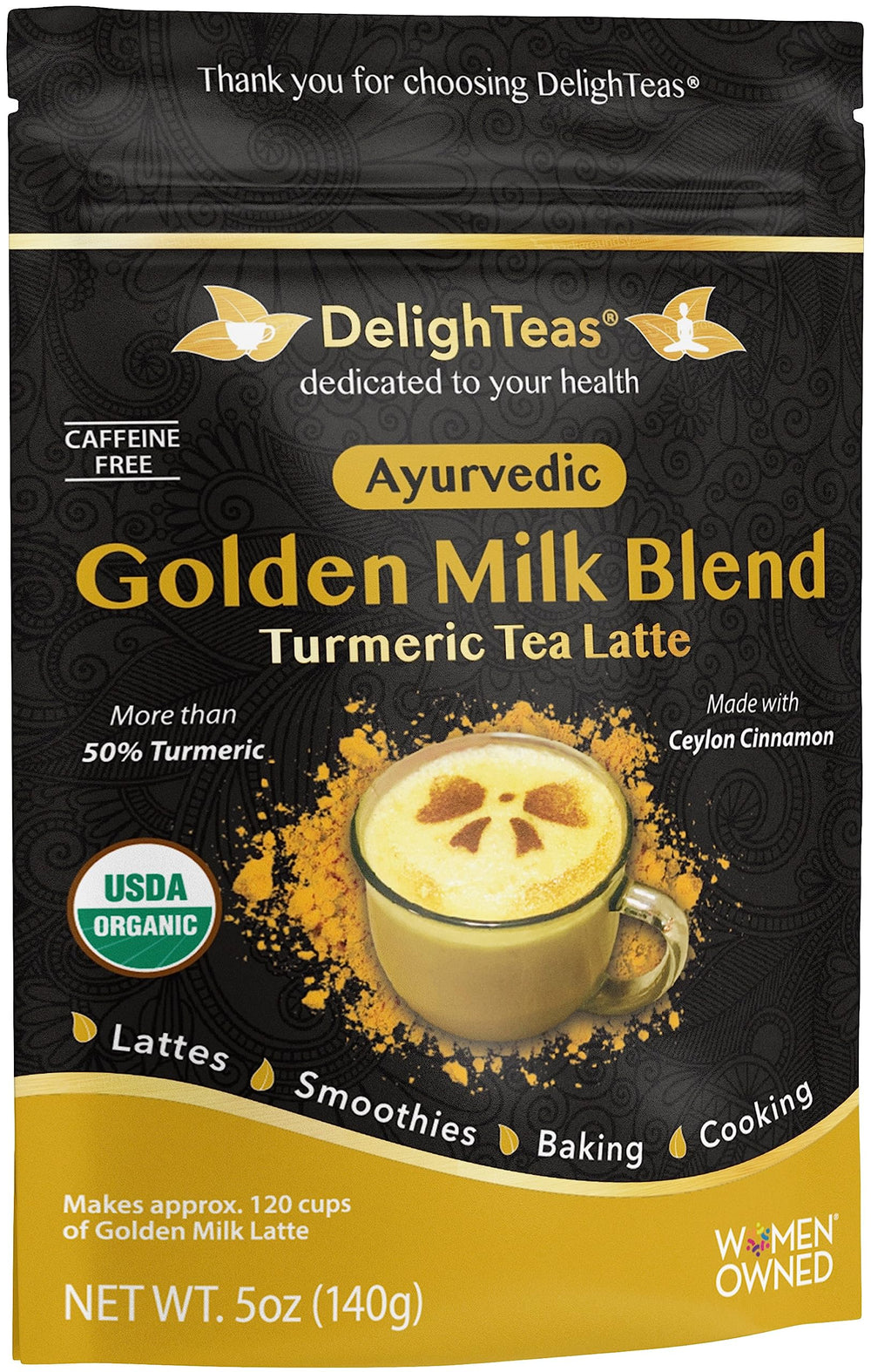 DelighTeas Golden Milk packaging signals premium organic blend for cozy lattes.