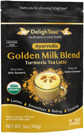 DelighTeas Golden Milk packaging signals premium organic blend for cozy lattes.