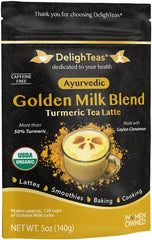 DelighTeas Golden Milk packaging signals premium organic blend for cozy lattes.