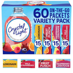 Crystal Light fruit punch packet dissolves in water for a fruity, low-calorie sip.
