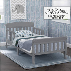 Delta Children Canton toddler bed grey side view highlights low profile for easy child access.