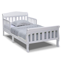 Delta Children Canton Toddler Bed White front view highlights safe, accessible design.