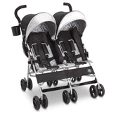Delta Children Jeep Scout Double Stroller Charcoal Galaxy with extendable canopy protects children from sun.