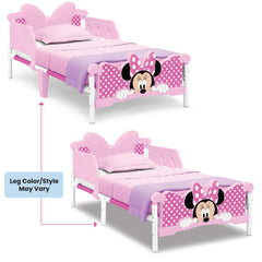 Delta Children Minnie Mouse 3D toddler bed pink colorful decals brighten the room.