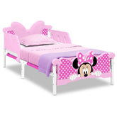Delta Children Minnie Mouse 3D toddler bed pink headboard detail for imaginative bedtime.