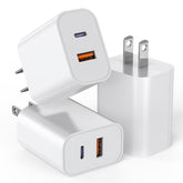 DelTucci 3-Pack 20W dual-port charger block with USB-C and USB-A for quick charging on the go.