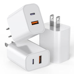 DelTucci 3-Pack 20W dual-port charger block with USB-C and USB-A for quick charging on the go.