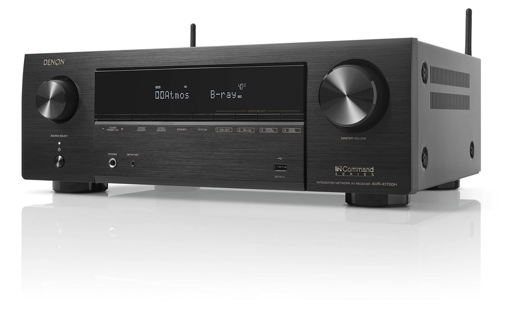 Denon AVR-X1700H front view showing compact design for living room setups