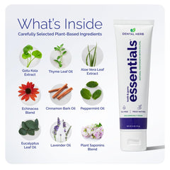 Herbal flavor close-up showing refreshing taste in Essentials toothpaste.