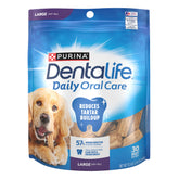 Dentalife large-dog-treats-pack-front shows size for big breeds and daily oral care.