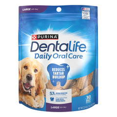 Dentalife large-dog-treats-pack-front shows size for big breeds and daily oral care.
