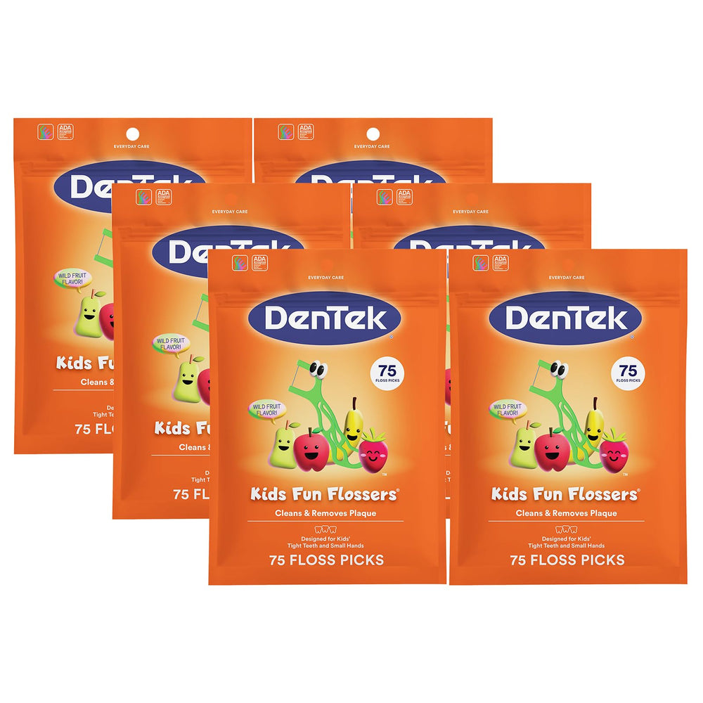 DenTek Fun Flossers for kids, six-pack, wild fruit flavor for kid-friendly flossing.