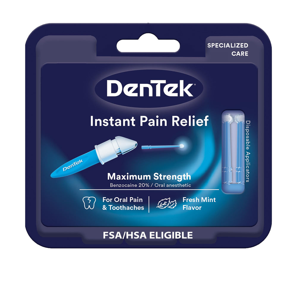 DenTek benzocaine bottle for quick toothache relief with disposable applicators.