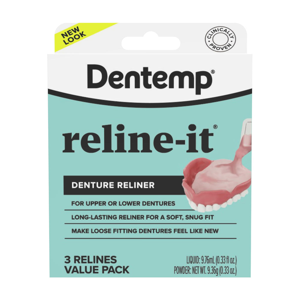 Dentemp Denture Reline-It packaging update with trusted formula for a secure fit.