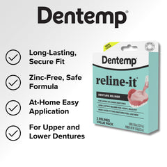 Step-by-step application with Dentemp Reline-It for a snug upper denture.