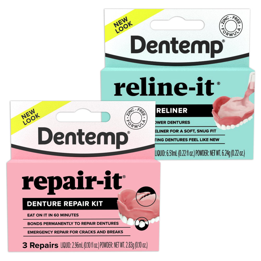 Dentemp Repair-it kit opened to show quick denture fixes for emergencies.