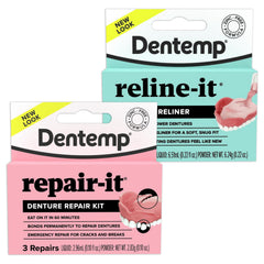 Dentemp Repair-it kit opened to show quick denture fixes for emergencies.