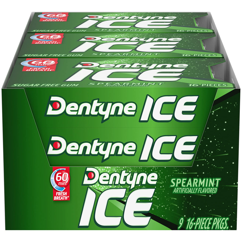 Dentyne Ice Spearmint gum pack display with nine 16-piece boxes