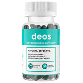 DEOS bottle front shows full-body odor management with natural ingredients.