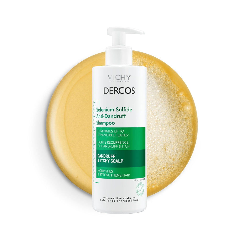 Dercos anti-dandruff shampoo bottle promoting flakes relief