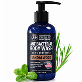 Derma-Nu Men's Body Wash bottle pours with sandalwood for daily freshness.