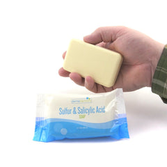 DermaHarmony sulfur bar soap packaging emphasizing USA-made quality and sustainability