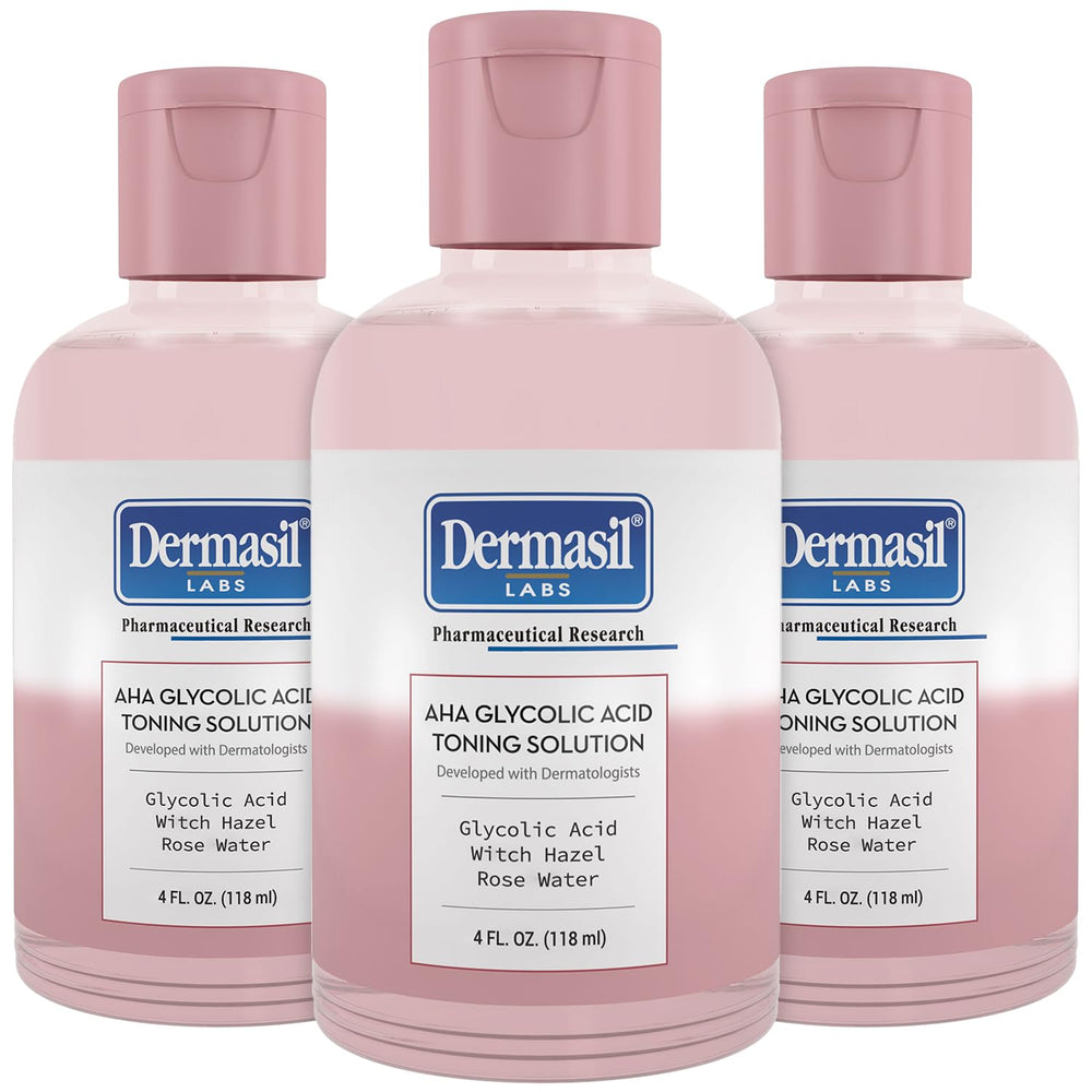 Dermasil AHA toner bottle pour showing easy application and gentle exfoliation.