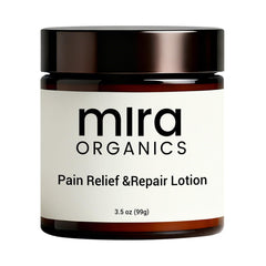 Dermasophia Mira Relief Lotion pump bottle showing fast-absorbing, non-greasy comfort for sore muscles.