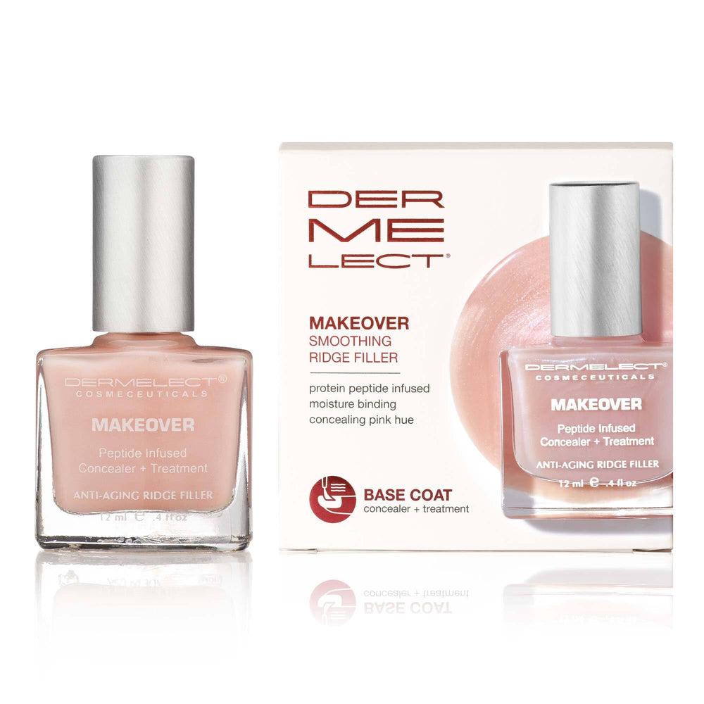 Dermelect Makeover Ridge Filler bottle shows hydrating base coat for smoother nails.