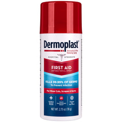 Dermoplast first aid spray bottle shown for quick relief on minor wounds