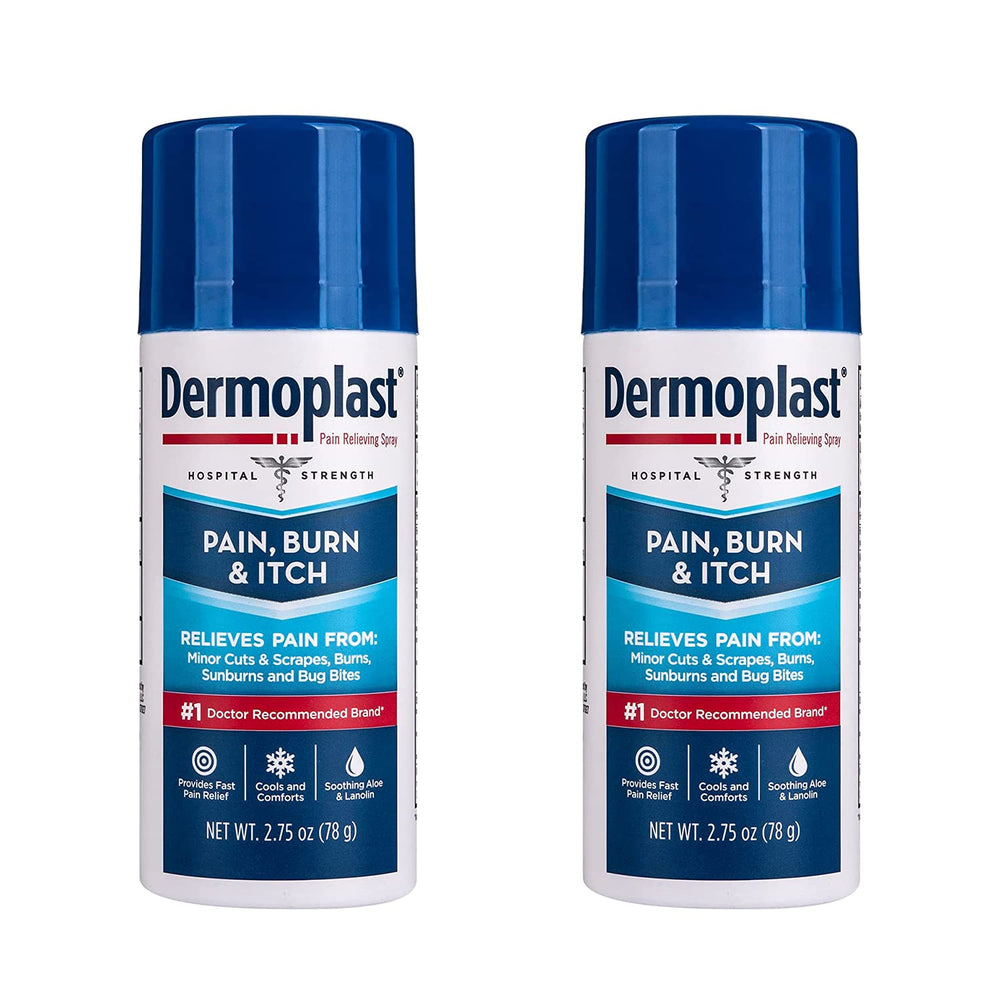 Dermoplast spray bottle for quick, no-touch relief on minor skin irritations.