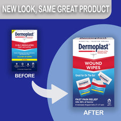 Dermoplast Wound Wipes contain 10 benzocaine for quick relief of minor pain.