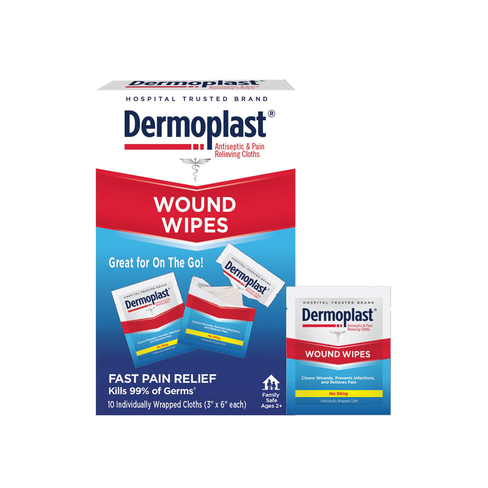 Dermoplast Wound Wipes packaging showing 10 individually wrapped cloths for on-the-go care.