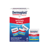 Dermoplast Wound Wipes packaging showing 10 individually wrapped cloths for on-the-go care.