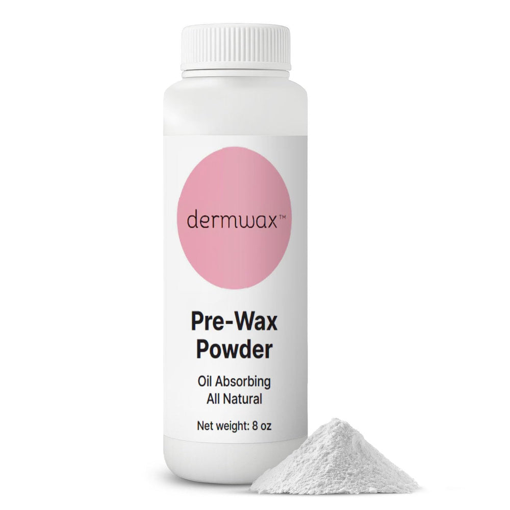 Dermwax Pre-Wax Powder bottle close-up highlighting talc-free formula for clean waxing prep.
