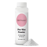 Dermwax Pre-Wax Powder bottle close-up highlighting talc-free formula for clean waxing prep.
