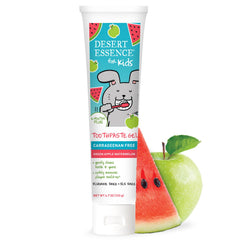 Desert Essence Green Apple Watermelon toothpaste for kids on a tube ready for brushing.