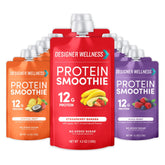 Designer Wellness Protein Smoothie pouch with real fruit for on-the-go nutrition.