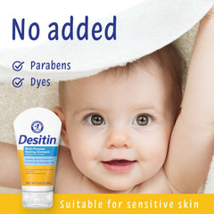 Desitin ointment container label highlighting fragrance-free and paraben-free benefits.