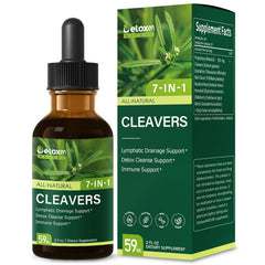 DetoxenNATURE Cleavers drops bottle close-up for lymphatic support and detox cleansing.