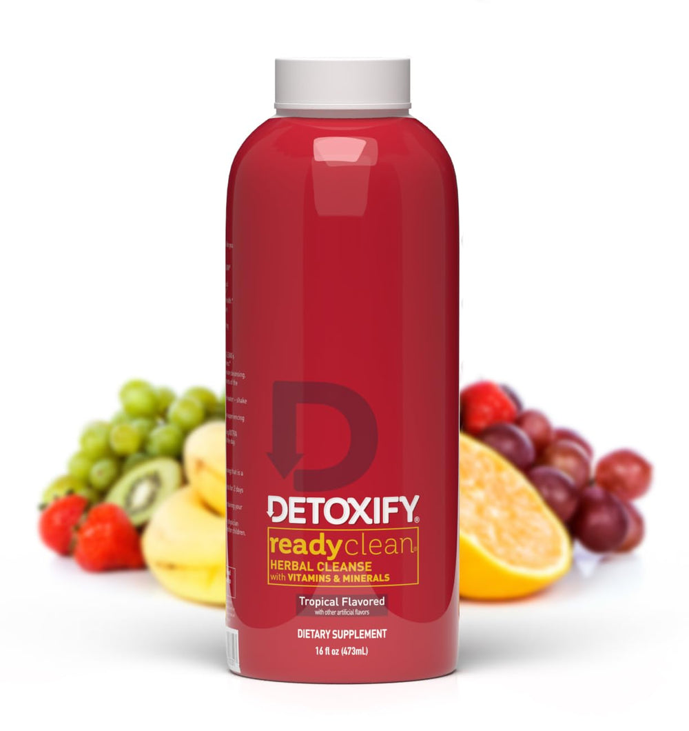 Detoxify Ready Clean Tropical bottle front view, refreshing herbal cleanse.