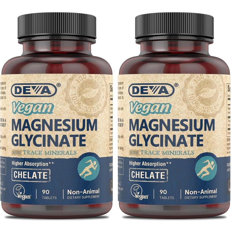 DEVA vegan magnesium glycinate bottle with 90 tablets, easy daily support.