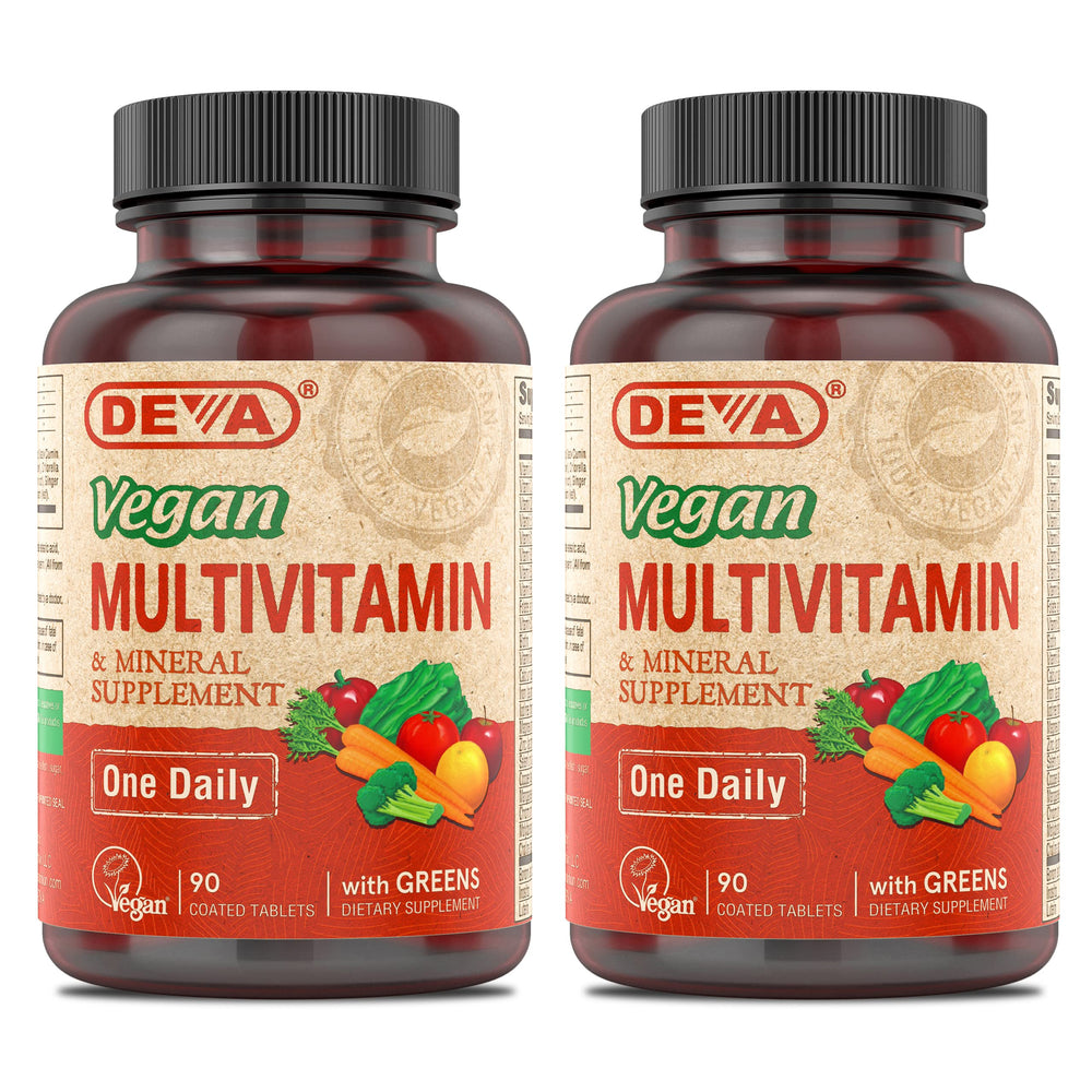 DEVA vegan multivitamin bottle front, convenient daily nutrition for vegans.