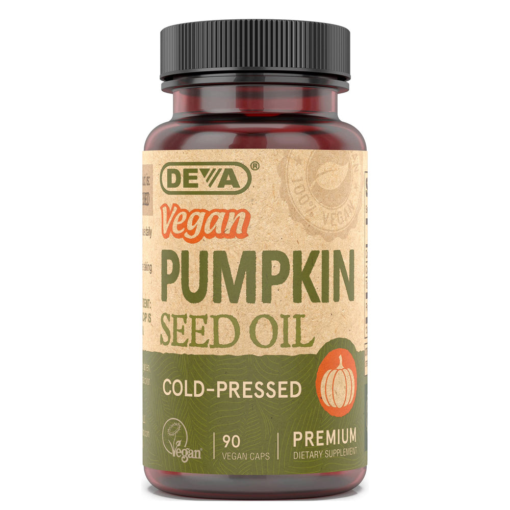 DEVA Vegan Pumpkin Seed Oil bottle front emphasizes vegan purity and premium quality.