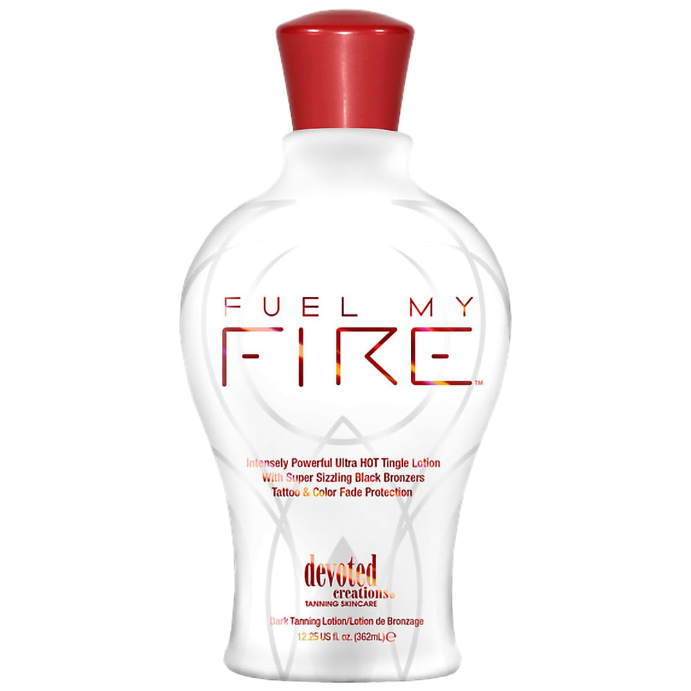 Devoted Creations Fuel My Fire bottle front shows intense color and tingling bronzer formula